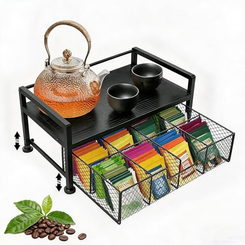 TANGYANGNY® Metall Holz Teebox mit Schublade, 8 Fächern Organizer für Teebeutel, Kaffee, Gewürze, 1 Tier Kaffeebar Regal für Küche, Zuhause, Büro. Schwarz