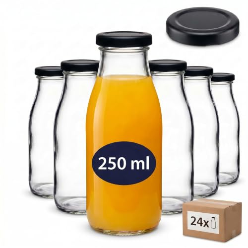 gouveo 24er Set Glas-Saftflasche 250 ml (0,25 l) Saftflasche 250 ml rund mit Twist-Off Schraubdeckel TO 43 schwarz matt (BlueSeal) leere Flaschen zum Abfüllen & Aufbewahren (SF250SZBS)