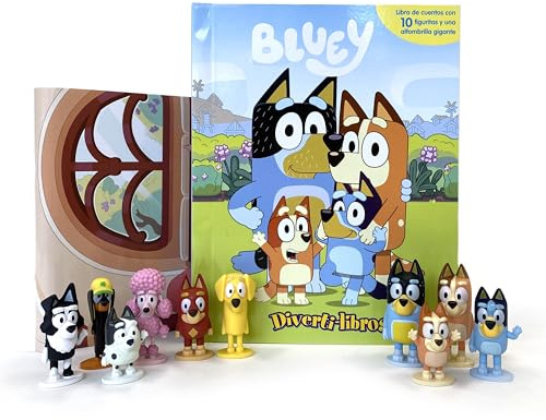 Bluey Diverti-Libros - Libro infantil de cuentos, 10 figuras, 1 alfombra de juego