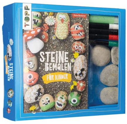 Kreativ-Set Steine bemalen für Kinder. Buch mit Anleitungen und Material für 4 bemalte Steine. Mit Nachtleuchtfarbe