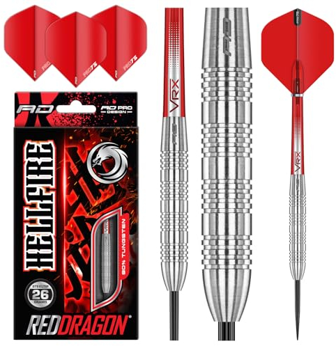RED DRAGON Hell Fire B: Steel Dartpfeile 26 Gramm Profi Steeldarts Set, 3 x Steel Darts mit Flights und Schäfte