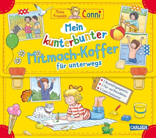 Conni Gelbe Reihe (Beschäftigungsbuch): Mein kunterbunter Mitmach-Koffer für unterwegs: Set für Kinder ab 5 Jahren mit 2 Beschäftigungsheften, 2 Mal- und Rätselblöcken und 1 Conni-Postkartenset