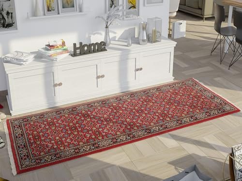 Mein Teppichmarkt Teppichträume werden wahr! BADOHI HERATI handgeknüpfter Orientteppich Naturfaser Kurzflor hochwertige Qualität in Rot Blau Braun Größe: 80x200 cm Diele, Esszimmer, Flur, Kinderz