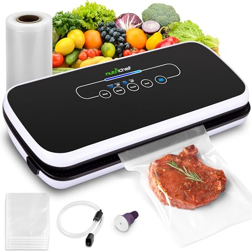 NutriChef Système de Scellage Automatique pour la Conservation des Aliments - Kit de Démarrage Inclus, Conception Compacte, Testé en Laboratoire, Modes Aliments Secs et Humides avec LED - Noir