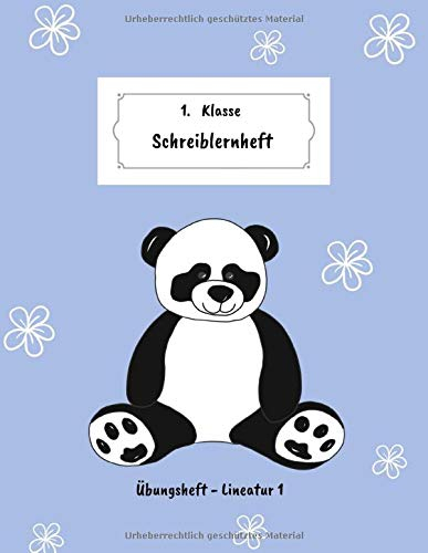 1. Klasse - Schreiblernheft: Übungsheft für Erstklässler • Grundschule | Lineatur 1 mit Häuschen | Geschenkideen zum Schulanfang | Motiv: Panda blau