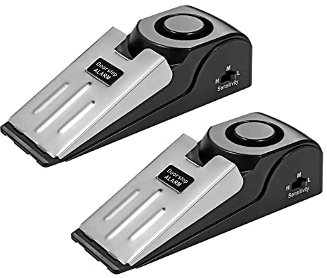 Cale Porte, Butée de Portes avec Alarme, Arrêts de Portes Caoutchouc Antidérapant, 3 Sensibilités Réglables Bloque Porte pour de Sécurité Maison/Sécurité Enfants (2 Paquets)