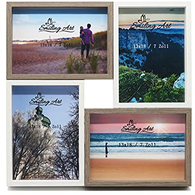 Smiling Art Marco de fotos Collage para 4 fotos, collage de fotos de madera MDF con vidrio (Blanco + Marrón, 4 x 13 x 18 cm)