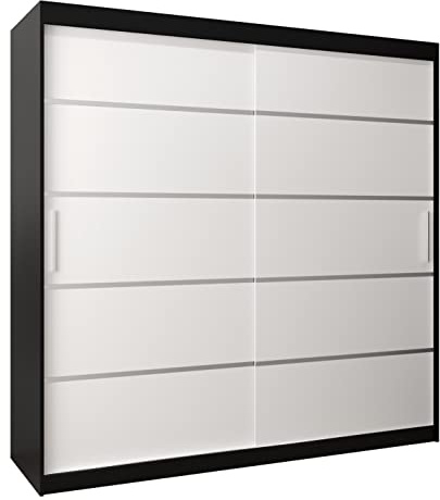 MEBLE KRYSPOL Schwebetürenschrank Verona 1 200 cm Kleiderschrank mit Kleiderstange und Einlegeboden Schlafzimmer- Wohnzimmerschrank Schiebetüren Modern Design (Schubladen: 0, Schwarz + Weiß)