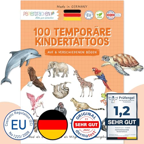 Papierdrachen 100 besonders hautfreundliche Kindertattoos - Tattoos Tiere der Welt - für Kinder - für Jungen und Mädchen - geprüft & made in Germany - Set 26