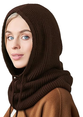 Hooded Scarf Hat Knit Balaclava Women Beanie Skull Cap with Drawstring Warm Winter Hats for Women Men Outdoor Sports
