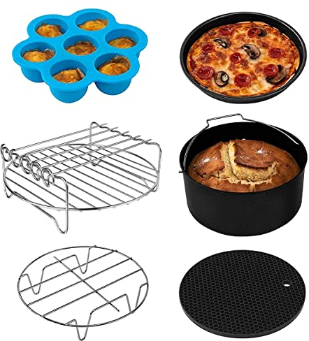 JDigJid 6 Accessoires de Friteuse à Air pour Friteuse à Double Air, Support de DéShydrateur Multicouche avec 4 Bâtons de Barbecue, Moule à Gâteau, (8 Pouces)