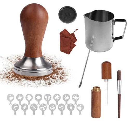 Yallmie 23 Stück Kaffee Tamper Set 51mm, Espresso Tamper Set 304 Edelstahl Barista Set mit 250ml Aufschäumkrug, Kaffeemehlpresser, Latte Art Stift, Tamper Matte, Bürste und 16 Kaffee Schablonen