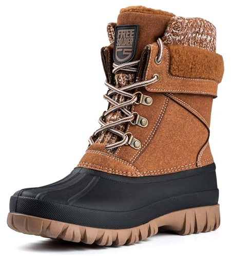FREE SOLDIER Botas de nieve impermeables de invierno para mujer, moda al aire libre, botas de pato cómodas aisladas, marrón, 38 EU