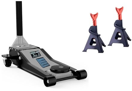 Gato de Carretilla 3000 Kg + Juego 2 Caballetes 3 T Gato Extraplano Profesional Bajo Perfil de 3000 Kg (3 T). Doble Bomba y Doble Velocidad de Subida + Caballetes de 3 T