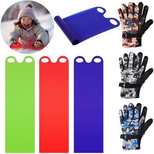 Leyndo 6 Pcs Lightweight Roll up Snow Sled 54 with Handles and Waterproof Winter Ski Gloves for Family Flexible Snow Sled Flying Carpet Durable Plastic Sleds for Beach Grass Sand