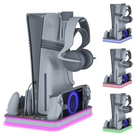 WUXIDIXI Base de carga compatible con portal y controlador PS, soporte PS5 Pro y estación de refrigeración con base de carga LED RGB, controlador PS5 Edge y auriculares y soportes remotos, color gris
