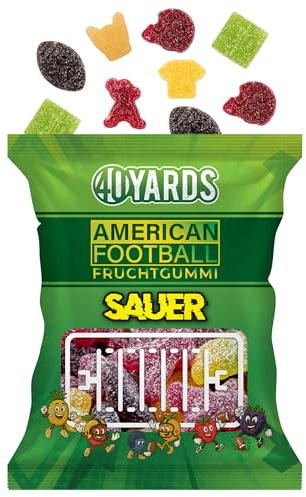 40YARDS American Football Gummibärchen Sauer | 175 g Tüte | 10% Fruchtsaft | Fruchtgummi in 6 Football Formen | Früchtemix mit 6 sauren Sorten | Football Süßigkeiten, Party Snack, Deko & Geschenkidee