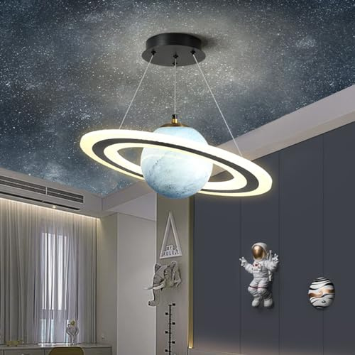 Moilsren LED Hängelampe Kinderzimmer Planet Pendelleuchten, Kinderzimmer Lampe Decke Junge Mädchen, Glas Lampenschirm Saturn Schlafzimmerlampe Rund LED Hängeleuchten Dimmbar für Jungen Mädchen (Blau)