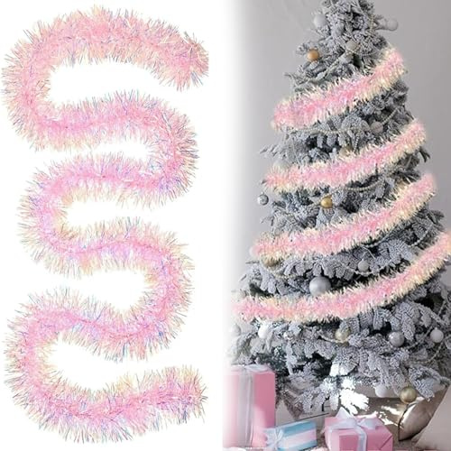 GYTFOG 5 Packs Pink Christmas Iridescent Tinsel Garland Metallic Sparkling Tinsel Christmas Tree Decorations Xmas Party Decorations,2m x 9cm Hanging Tinsels Decoration Applicable Xmas Trees Stairs