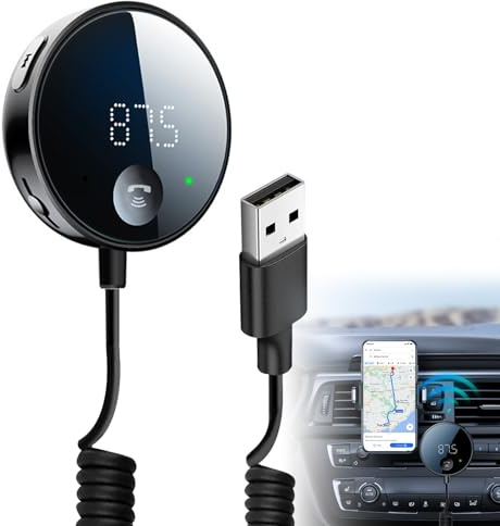 Bluetooth 5.0 FM-sändarmottagare, bil med LED-skärm, adapter bilstöd handsfree, 3,5 mm utgång, Aux & TF-kort, musikuppspelning