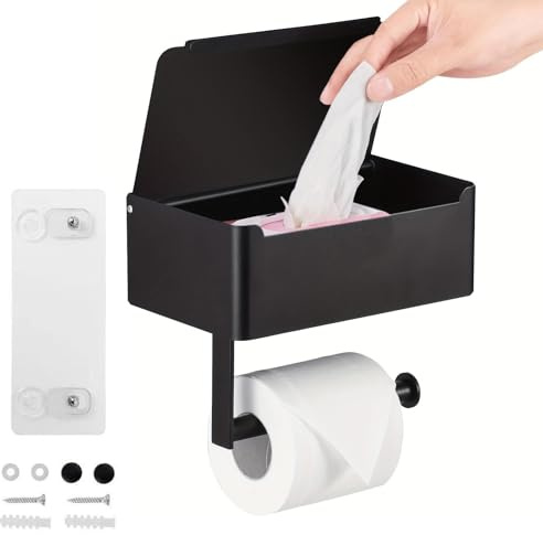 Toilet Paper Holder with Shelf, Wipe Holder Flushable Wipes Dispenser, Toilet Paper Roll Dispenser with Lid for Bathroom, Kitchen & Office