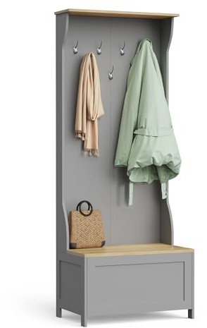 VonHaus Coat Stand with Shoe Storage - Grey Hallway Unit with 7 Double Hooks & Storage Bench - Hall Tree Organiser for Entryway with Wood Effect Seat - Freestanding Coat Rack - Ash Hall | Hallway Unit with 7 Double Hooks & Storage Bench, Organiser for Entryway, Wood Effect Seat, Freestanding Coat Rack