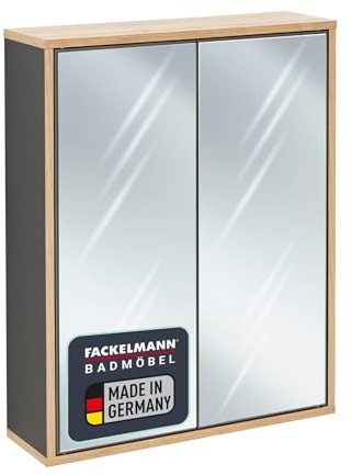 FACKELMANN Finn Spiegelschrank 60 cm in Anthrazit, Retrostil, Push-to-Open Technik, Rahmendekor AST-Eiche, Made in Germany