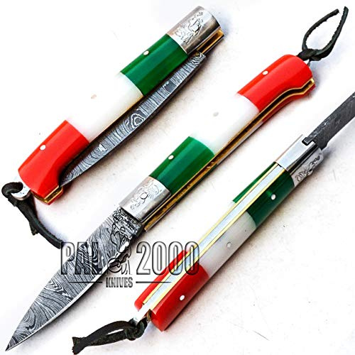 SBTB-9424 Couteau de poche pliant avec lame en acier damas personnalisé fait main avec gaine en cuir poignée de drapeau italien taché chameau poignée billet camping chef cuisine maison jardin pêche
