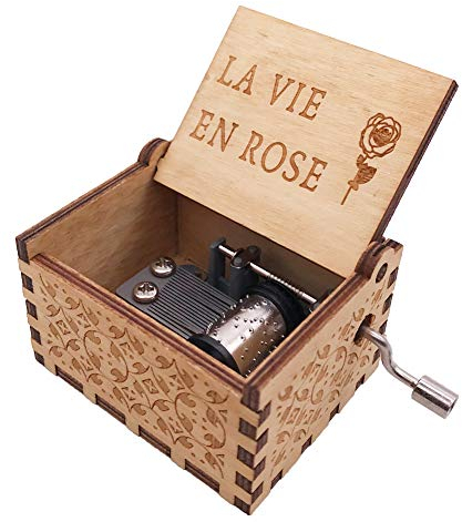 Mini boîte à musique en bois avec manivelle gravée à la main pour Noël, la Saint-Valentin, 18 notes (La Vie en Rose)