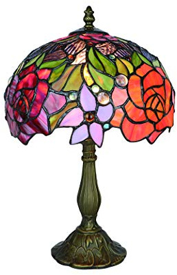 Tokira Tiffany-Stil Tischlampe, Glasmalerei 10 Zoll Rote Rose Blume Nachtlicht, Vintage Europen Schreibtischlampen Nacht Schlafzimmer für Wohnzimmer, [Ohne Glühbirnen]
