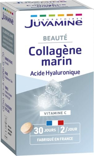 JUVAMINE Collagène Marin et Acide Hyaluronique, Vitamine C, Beauté, Peau et Articulations, Programme de 30 jours, 60 Comprimés, Fabriqué en France