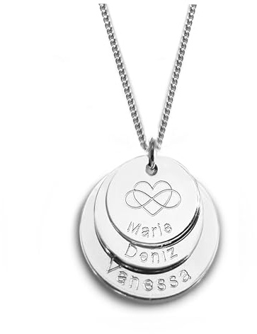 Personalisierte Familienkette, Drei Runde Anhänger mit Namen, Herz, Gravur, 925 Silber, Namenskette für Damen