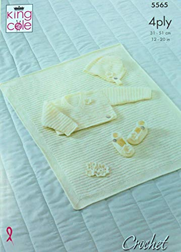 King Cole 5565 Häkelmuster für Babys, Strickjacke, Schuhe und Decke, 4-lagig