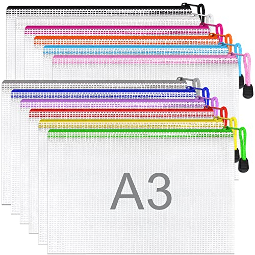 12 Stück bunte Dokumententasche A3 wasserdichte Dokumententasche Reissverschluss,Datei Tasche Kunststoff für Dokumente, Quittung, Papier, Schule, Prüfungsblatt, Kosmetik, Reise