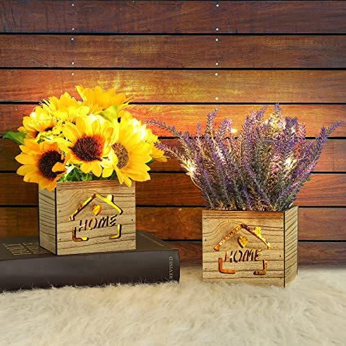 AceList Künstliche Pflanzen im Topf x2 mit LED-Licht im Kasten, Künstliche Blumen Deko Sonnenblume und Lavendel Pflanze, Kunstpflanzen im Topf Fake Pflanzen für Schlafzimmer Wohnzimmer Badezimmer