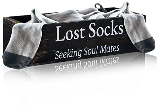 Farmhouse Missing Sock Basket - Wooden Laundry Room Organization - Rustic Farmhouse Decor - Funny Lost Socks Sign (Black, 9.4 x 3.94 x 2.36'')