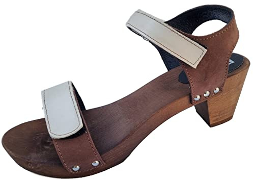 Generisch Elegante Schweden Holz Clogs Sandaletten - Gr.36-37-38-39-40-41-42 *Braun-Beige* Echt Leder Schuhweite Normal