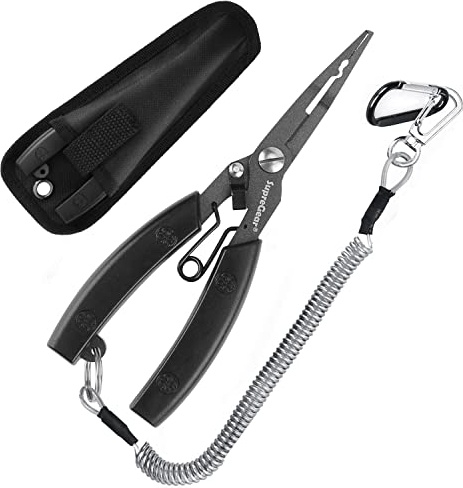 supregear Fishing Pliers, Multi-Functional Lightweight Stainless Steel Fishing Plier, Fishing Gear with ABS Handle, Line Cutter Hook Remover Tool with Safety Coiled Lanyard and Nylon Sheath, Black