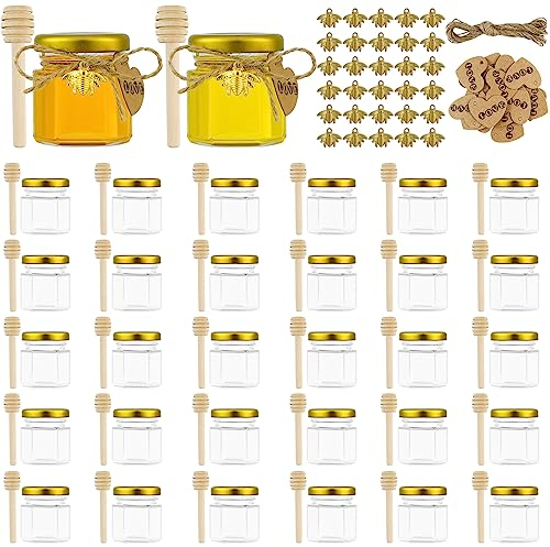XiYee 20 Stück 45ml Mini Sechseckige Glas Honig Gläser für kleine Honig Gläser mit goldenen Deckeln, Holzlöffel, Kraftpapier Etiketten, Bienenanhängern, Perfekt für Babyparty, Hochzeitsgeschenk