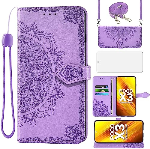 Asuwish Funda Mandala para Xiaomi Poco X3/X 3 Pro/PocoX3 NFC con Cuerda y Cristal Protector de Pantalla Tarjetero Plegable Cadena Cuero Monedero Capa para Mi 3X 5G Carcasa Case Púrpura