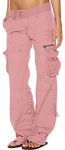 HAOLEI Cargo Trousers Women UK Loose Pants w/ Pockets Baggy High Waist Y2K Straight Casual Wide Leg Parachute Pants 90s Fashion Aesthetic Jogger Bottoms Drawstring Hippie Punk Trousers ，Pink，XXL