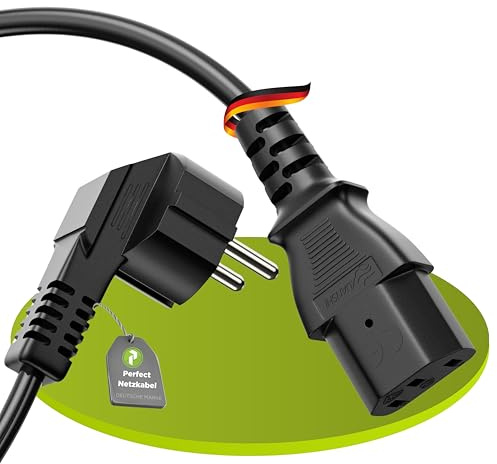 Perfect Kaltgerätekabel Stromkabel 90° Winkel C13 3-polig Schutzkontakt 1m | Schwarzes 90° Netzkabel für Monitor, PC, Drucker, Beamer und Spielekonsolen mit Schutzkontakt Stecker auf IEC C13 Buchse