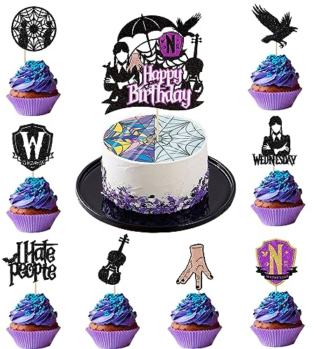 25 Stück Horror Mittwoch Addams Tortendeko Glitzer Hand Schwarz Fledermaus Mädchen Addams Familie Cupcake Toppers für Fantasy Horror Mittwoch Jungen Mädchen Geburtstag Party Kuchen Deko Neu