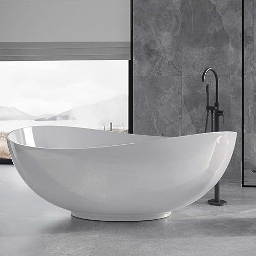 ECOLAM® exklusive freistehende Badewanne Standbadewanne moderne Wanne freistehend Mineralguss Siya 172x100 cm Wellen Design + Click Clack chrom, glamour weiß