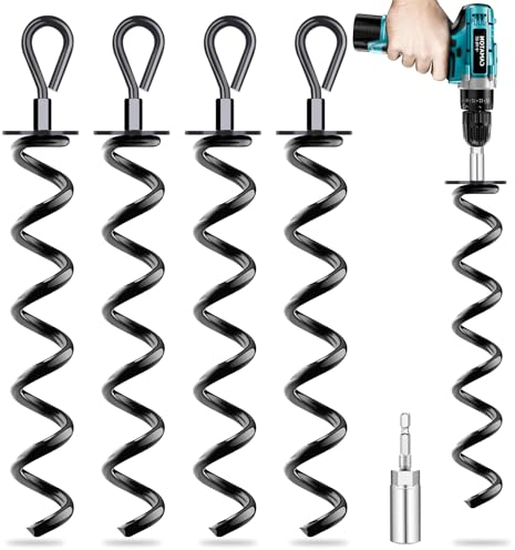 Pack of 4 Ground Anchors with Adapter, Ground Anchor for Trampoline, Spiral Shed Anchor Kit for Securing Tents, Canopies, Tarpaulins, Trampolines, Swings (Black)