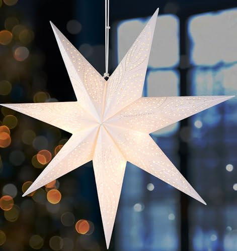BRUBAKER 60 cm Papier Weihnachtsstern zum Aufhängen - LED Adventsstern für Weihnachtsdeko und Fenster - 3D Papierstern mit Timer-Funktion - Hängender Leuchtstern - Weiß