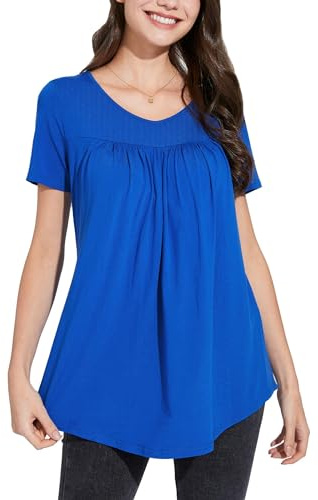 Enmain Tunique à Manches Courtes pour Femme - Coupe Ample - Blouse Florale plissée - Col en V - Henley pour Leggings - Bleu XL