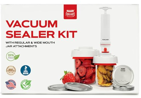 FORJARS Jar Vacuum Sealer Accessory Set for Mason Jars - Compatible with Regular and Wide Mouths, Cordless Pump for Portable Manual Hand Sealing, no electric. Vacuum Sealer with Plastic Lids and Hoses