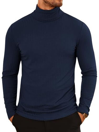 COOFANDY Jersey de Cuello Alto para Hombre T Shirt Camisa de Manga Larga Casual y Cálida Invierno Azul Oscuro XL