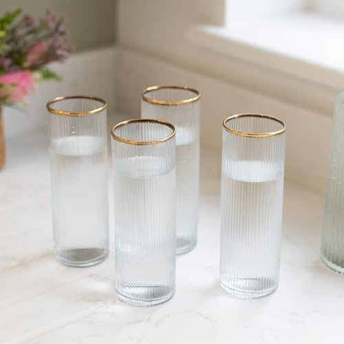 Culinary Concepts London Set of Four Ribbed Recycled Glass High Balls with Gold Rim | Perfectly Imperfect